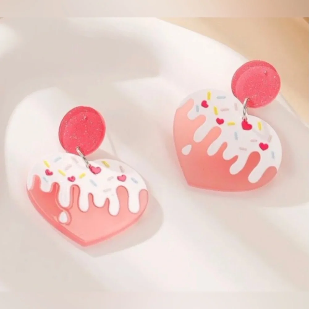 Cupcake Heart Pink Frosted Sprinkle Cake Donut Pastry Sweet Treat Kawaii Dangles